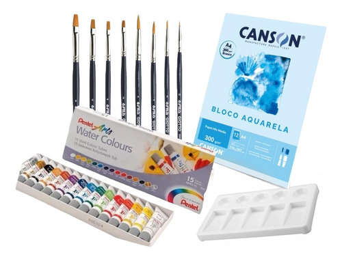 Kit Aquarelas Pentel  Pincel  Bloco Canson Papel  Gode