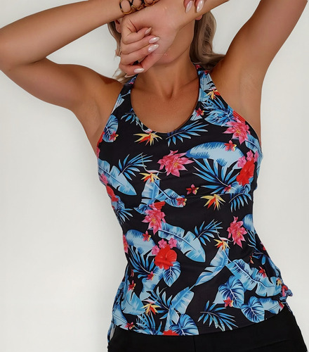 Traje De Baño Completo Dama Dos Piezas Bañador Tankini Mujer Negro Animal Print M