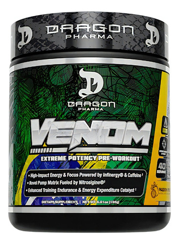 Pre Entreno Dragon Pharma Venom 40 Servs Extrema Potencia Sabor Passion Fruit