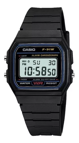 Reloj pulsera Casio Collection F-91 de cuerpo color negro, digital, fondo gris, con correa de color negro, dial negro, minutero/segundero negro, bisel color negro y hebilla simple