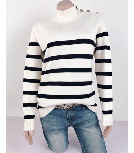 Jersey De Mujer A Rayas Con Cuello Alto Otoño E Invierno
