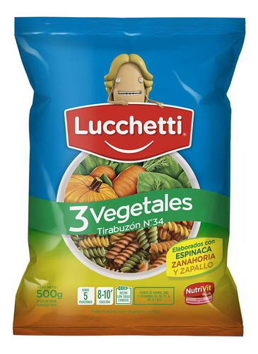 Pack Fideos Lucchetti 3 Vegetales Tirabuzón 500g X 15u. - Dh