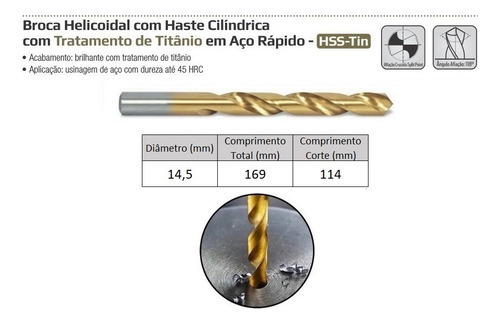 Broca Aço Rápido 14,5 Mm C/ Titânio - Din338n Ws