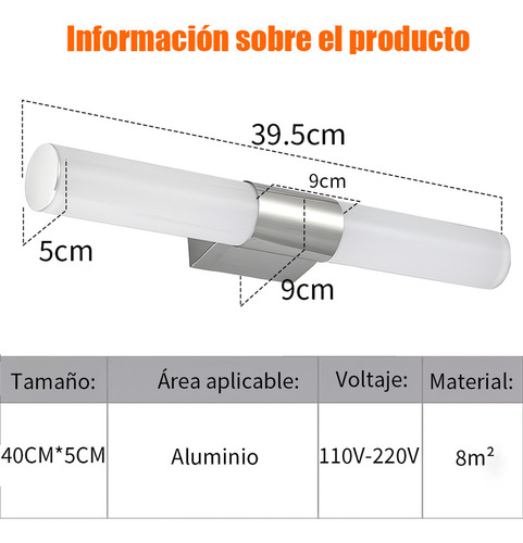 Lámpara Pared Espejo Baño 40cm Led, Luz Blanca Y Luz Cálida