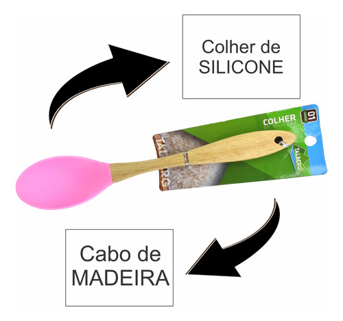Colher De Silicone Cabo Madeira Resistente Utensílio Cozinha Cor Rosa