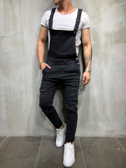 macacão jeans rasgado masculino