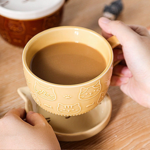 Taza De Cerámica Con Plato Y Grabado 3d Kawaii