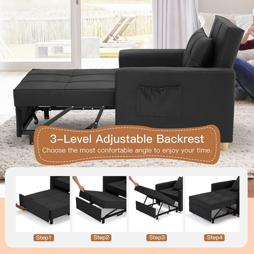 Sillón Cama 3 En 1; Ajustable Tamaño Individual, Negro