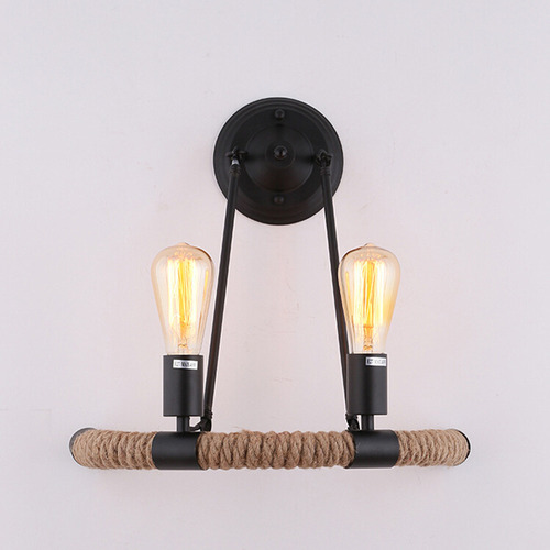 Lámpara De Pared Vintage De Cuerda Negra Con 2 Lámparas