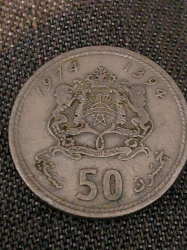 Moneda De Marruecos 50 Santim Año 1974 Cobre Níquel , Y 62