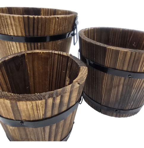 Set 3 Maceteros De Madera Tipo Barril Para Jardín Terrazas