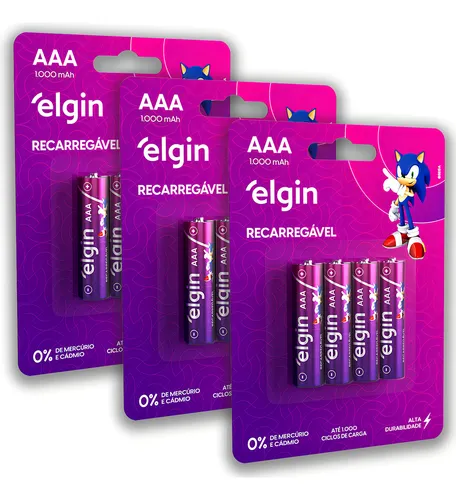 comprar 12 Pilhas Recarregável Elgin Aaa 1000mah 3 Cartela Cu002F 4 Unid