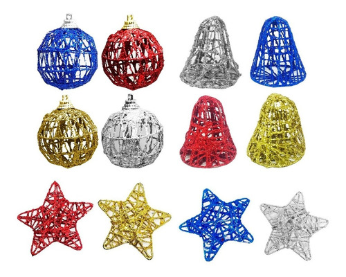 Adorno Navideño Set X12 Campanas Esferas Estrellas Brillo