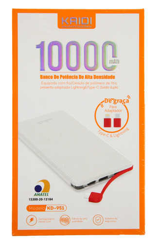 Carregador Portátil Kaidi Power Bank 10.000mah + Adaptador Cor Branco