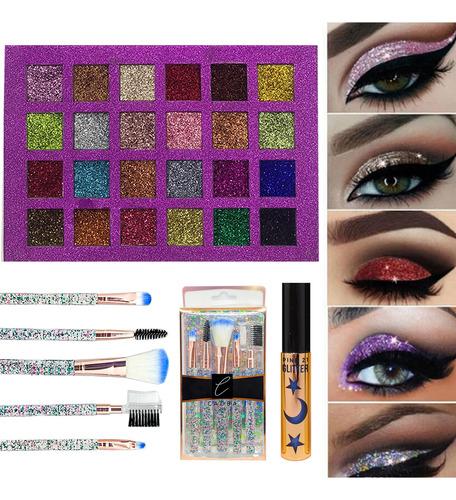 Set De Maquillajes Con Glitter Sombras Pinceles Delineador