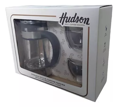 Set Caja Cafetera Embolo Hudson + 2 Taza Vidrio Termicas