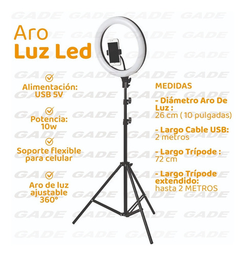 Imagen 4 de 9 de Aro De Luz Led 26cm Selfie Con Tripode 2 Mts + Soporte Cel