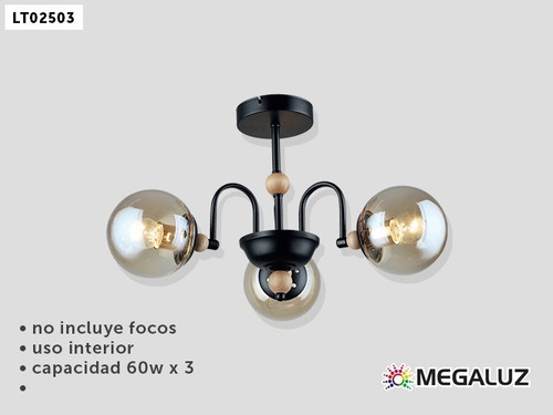 Lámpara De Techo Candil De Vidrio Para 3 Focos Lt02503 Color Negro