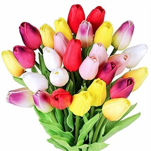 Flores Artificiales De Latex Tulipanes X 28u,multicolor 