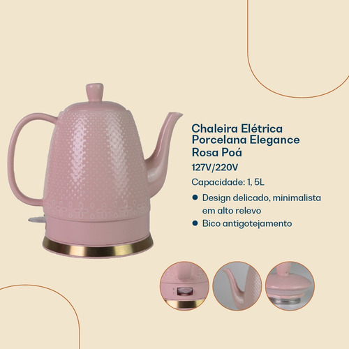 Chaleira Elétrica Porcelana Elegance Tuut Cor Rosa