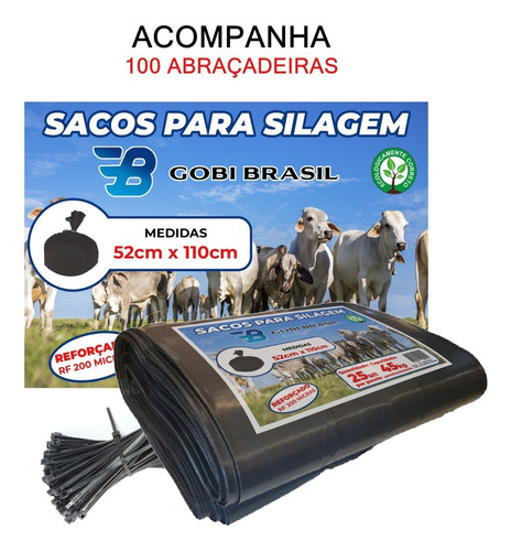 Sacos De Silagem Branca 52x110 200 Micra 100un C/abraçadeira Cor Preto