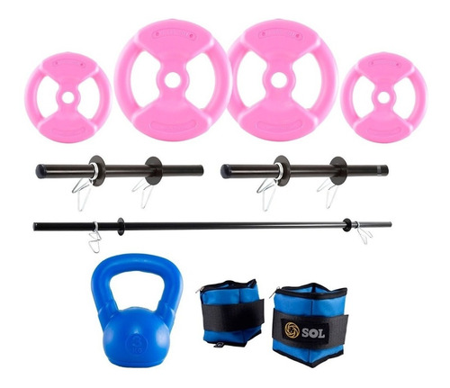 Kit Sport Maniac Rosa Pesa Rusa Tobilleras Discos Pvc 20kg