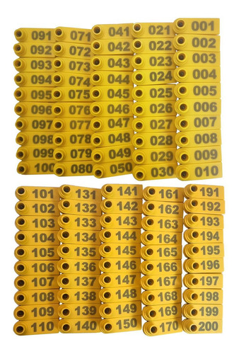 Kit 200 Brincos Bovinos Para Gado Numerado 0 A 200 Amarelo