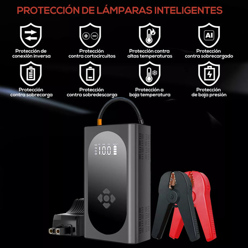 Arrancador Baterías Cargador De Auto Coche Portátil Inflable 6000a Con Inflador 150psi Negro
