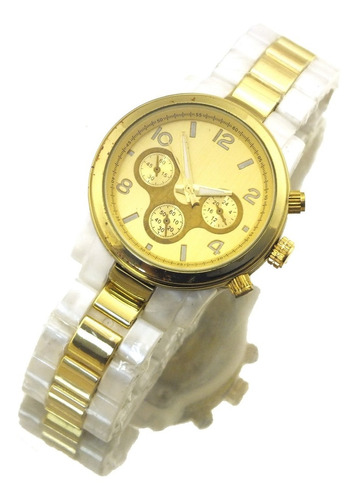 Belíssimo Relogio Feminino Dourado Com Branco De Pulso B3631