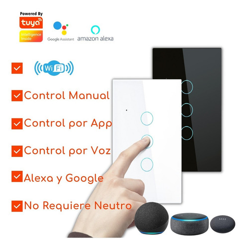 Imagen 2 de 8 de Interruptor Touch Triple Inteligente Wifi/3 Canal Sin Neutro