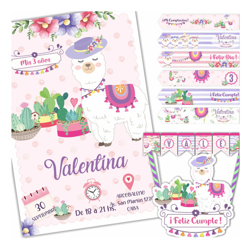 Kit Imprimible Llamas  Llamitas Alpaca Cactus Flores Candy 2