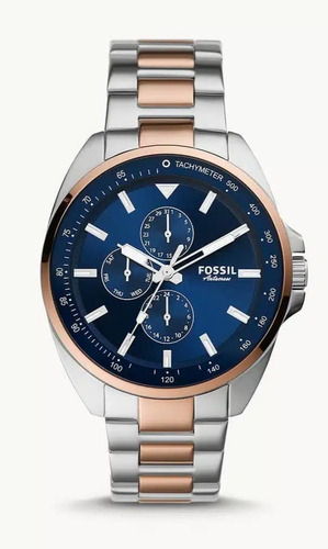 Relógio masculino Fossil Bq2552 44 mm, cor da pulseira: prata, bisel, cor de fundo dourado, cor de fundo azul