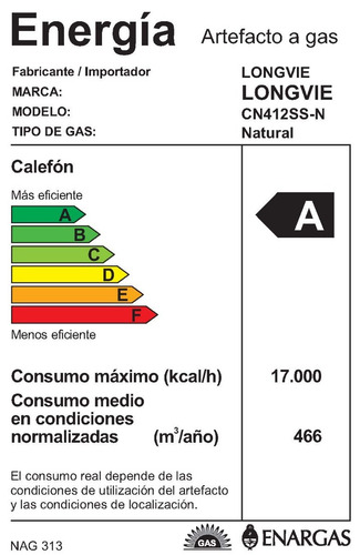 Imagen 2 de 2 de Calefón Longvie T. Natural Pilotless 12 Litros Cn412ss Gn