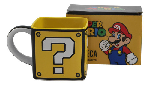 Caneca Quadrada Mario Bloco Power-up De Cerâmica 300ml