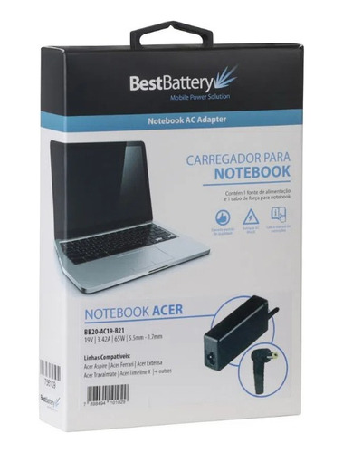 Fonte Carregador Notebook Acer 19v 3.42a 65w 5.5mm 1.7mm