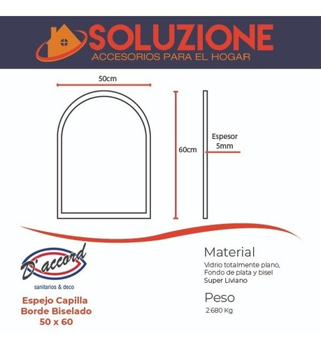Espejo Capilla 50 X 60 Cm Bordes Biselados Vidrio Baño