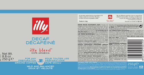 Imagen 3 de 4 de Cafe Illy, Descafeinado, Blend 100% Arábica, 250grs, Italia
