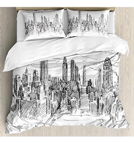 New York Duvet Cover Set, Hand Drawn Nyc Cityscape Tour...