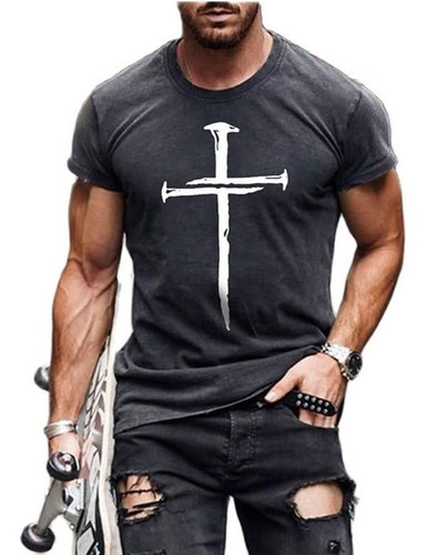 Camiseta Casual Con Estampado De Cruz De Jesucristo A La Mod