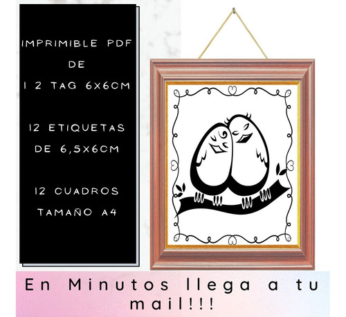 Imagen 3 de 5 de Kit Imprimible 01 San Valentín B N Tag Etiquetas Cuadros A4