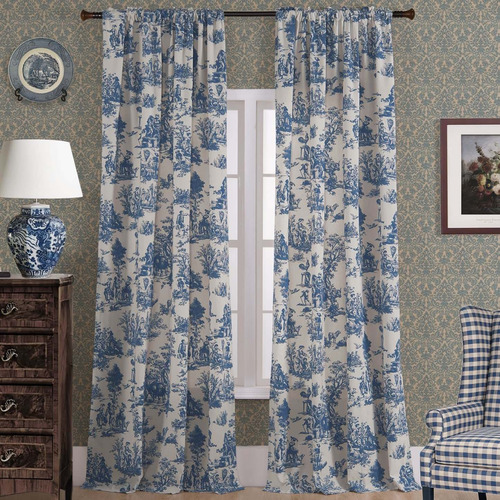 Blue Toile Cortina Ventana Para Sala Estar 84 Largo 2