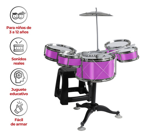 - Bateria For Niños Banco Platillo Bombo Baquetas Redlemon