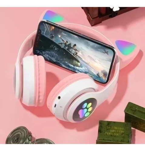 Fone De Ouvido Gatinho Bluetooth Com Luzes Led Infantil Rosa