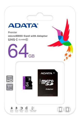 Imagen 1 de 2 de Tarjeta Micro Sd Adata 64gb Clase 10 Ausdx64guicl10-ra1