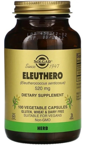 Solgar | Eleuthero | 520mg | 100 Veg Capsules | Importado