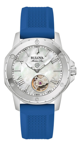 Reloj Bulova Marine Star Ladies Serie A 96l324 Correa Azul Bisel Plateado Fondo Plateado