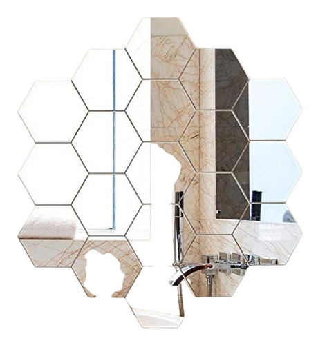 Imagen 4 de 10 de Set 12pzs Acrilico Espejo Hexagonal Chico Con Adhesivo Plata
