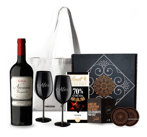 Box Vino Nicasia Copas Negras Grabadas Chocolates Kit Set