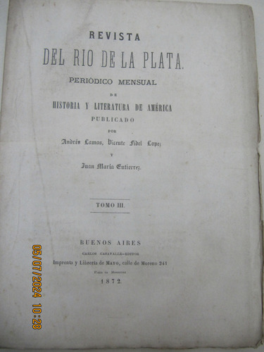Revista Del Rio De La Plata Tomo Iii 1872 Periodico Mensual 