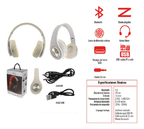Diadema Bluetooth Luces Rgb Manos Libres Microfono 4 Piezas